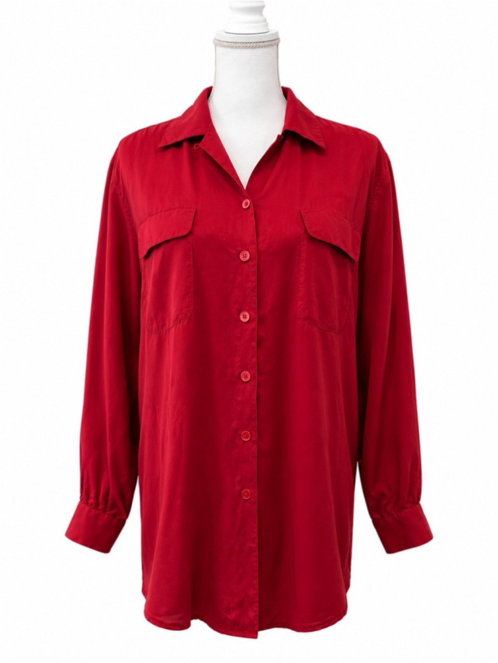 Christie & Jill 100% Silk Red Button Front Blouse Sz S Satin Shirt Classic